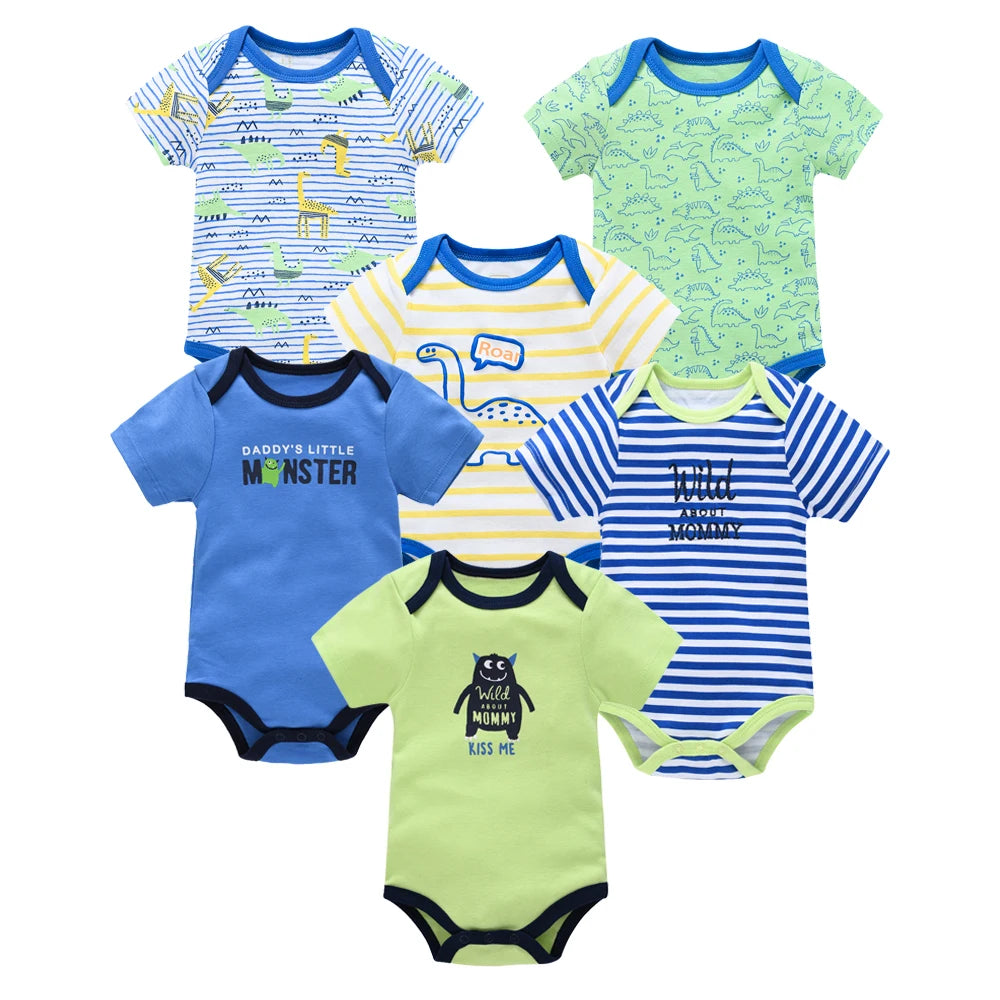 Kavkas 3 Pcs 6 Pcs Baby Boy Bodysuit 0-12 Months Short Sleeve Summer Monster Print Newborn Cotton Clothes