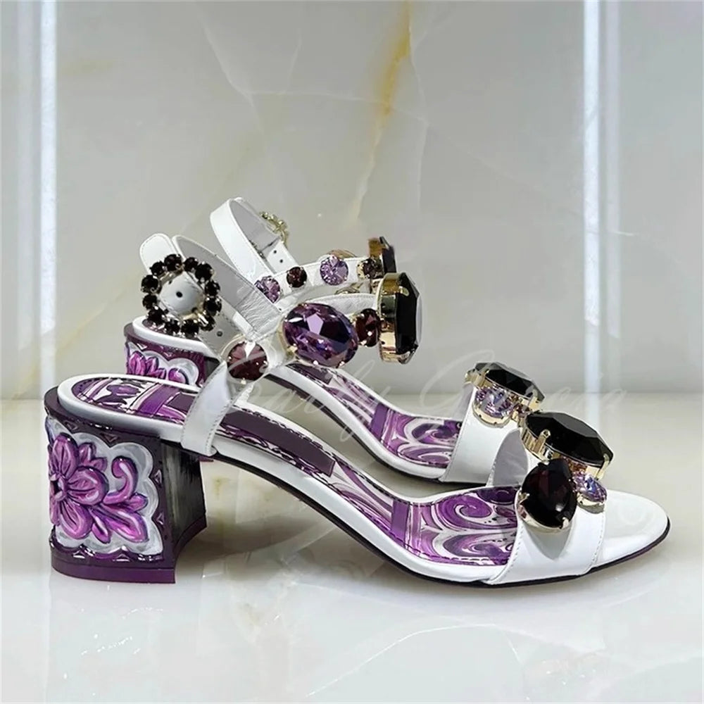 Luxury Diamond Crystal Decor Modern Sandals Women Open Toe Purple and White Chunky Heel Ankle Strap Summer New Dress Shoes