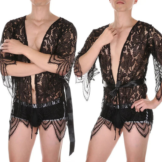 Erotic Nightdresses Sheer Pajamas For Night Use For Sleep Men Sexy Lingerie Pajamas 3 4 Sleeve Nightdresses Nylon Breathable