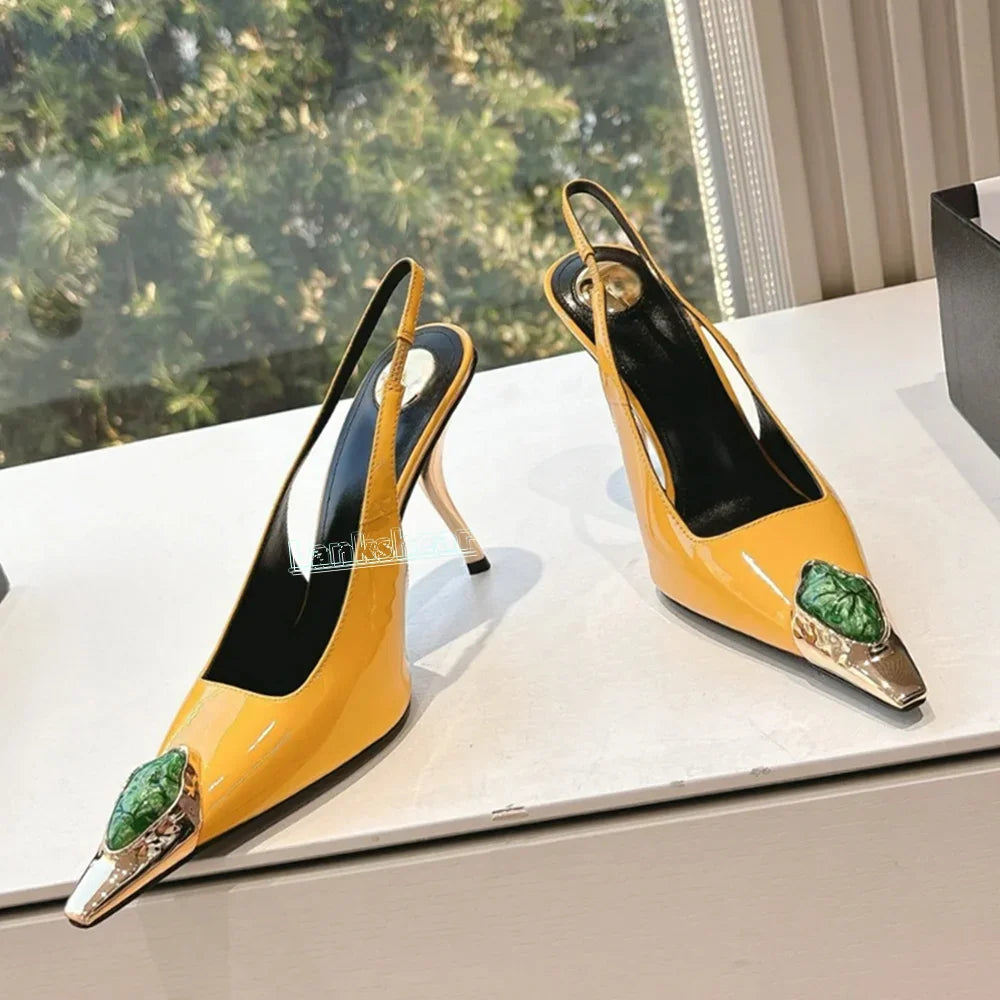 Metal Rhinestone Pointed Toe Women Sandals Gold Strange Heels Stilettos Slingback Sexy Summer Women Shoes Sexy Catwalk Dress