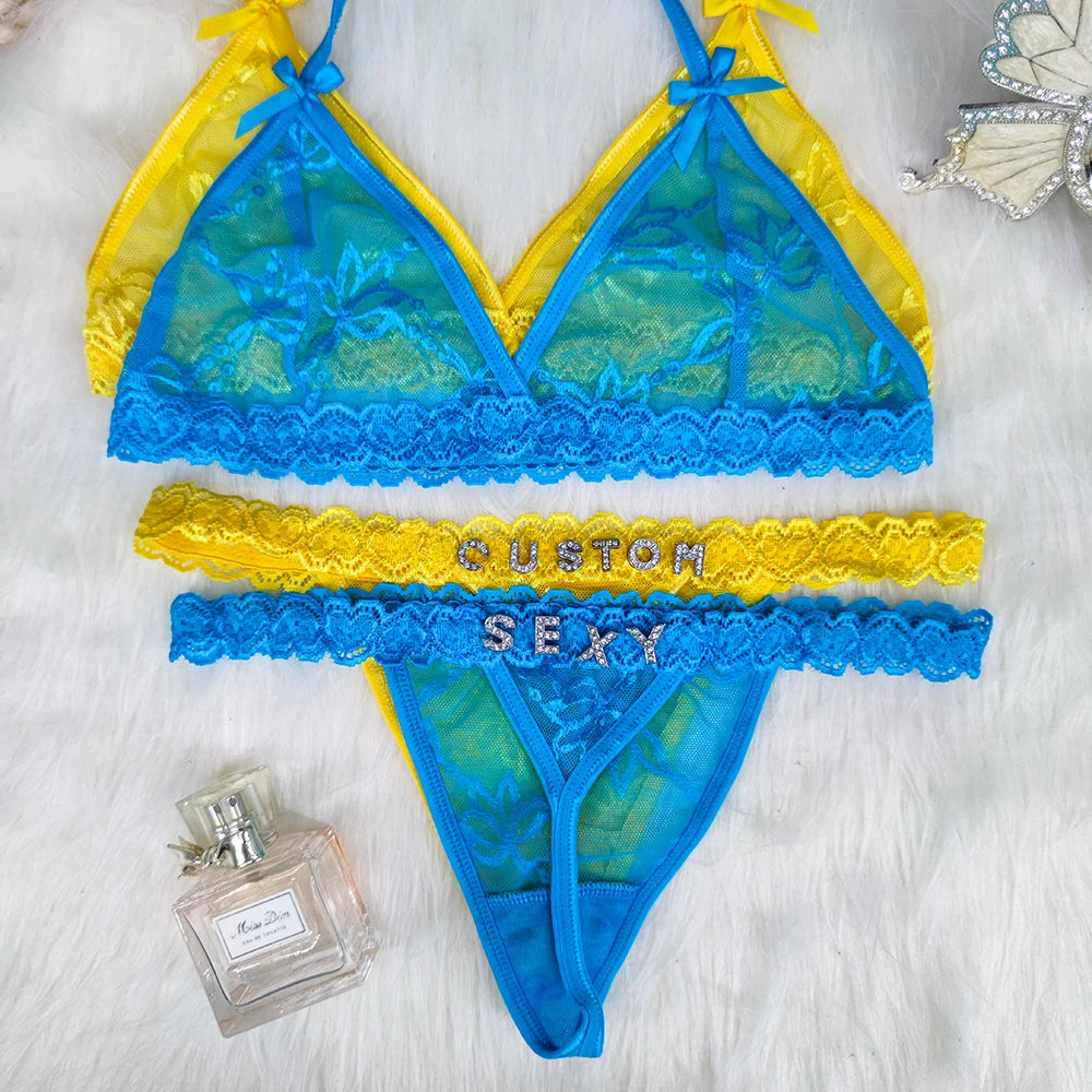 Custom Lingerie Set Name Thongs Bra Personalized Panties Bra Set With Name DIY Letter Charm Bikini Set Lace For Women Sexy Gift