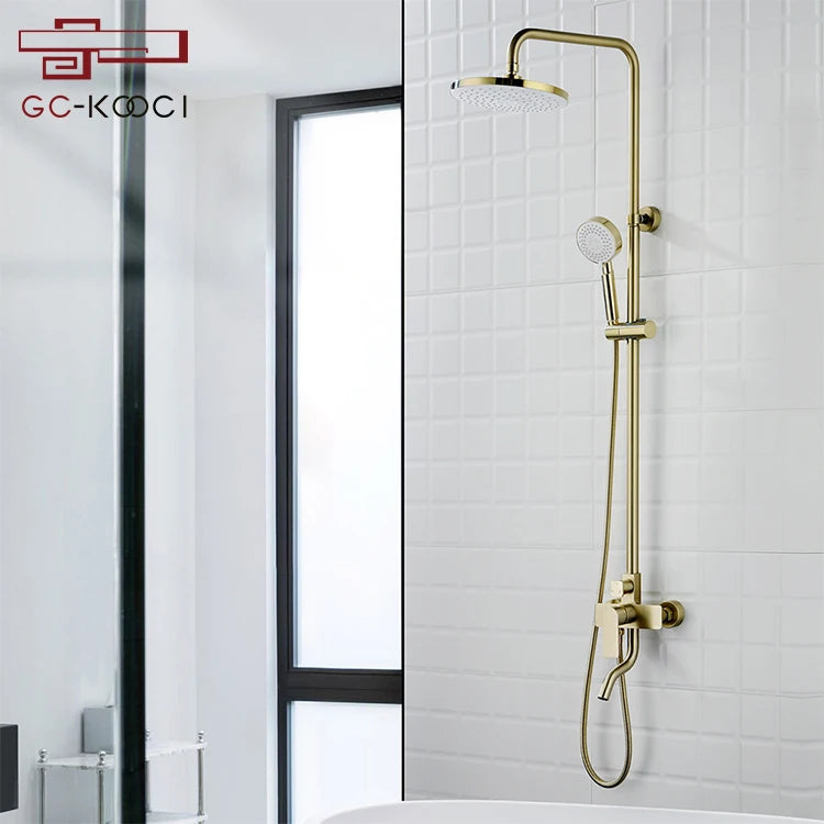 European Style Contemporary Brass Wall Mounted Rain Shower Head Set Single Handle with Brushed Gold Finish Made from Copper