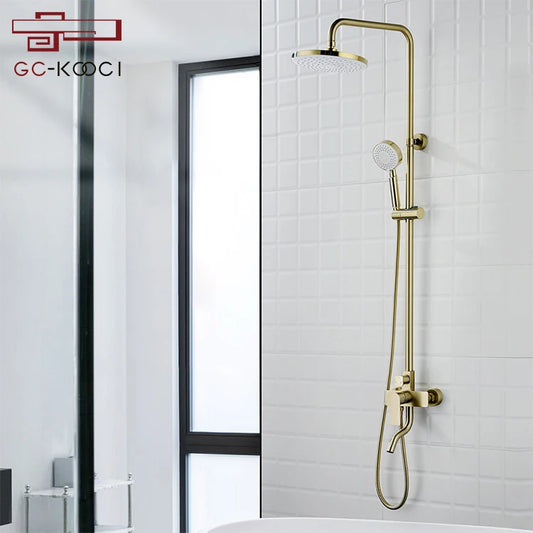 European Style Contemporary Brass Wall Mounted Rain Shower Head Set Single Handle with Brushed Gold Finish Made from Copper