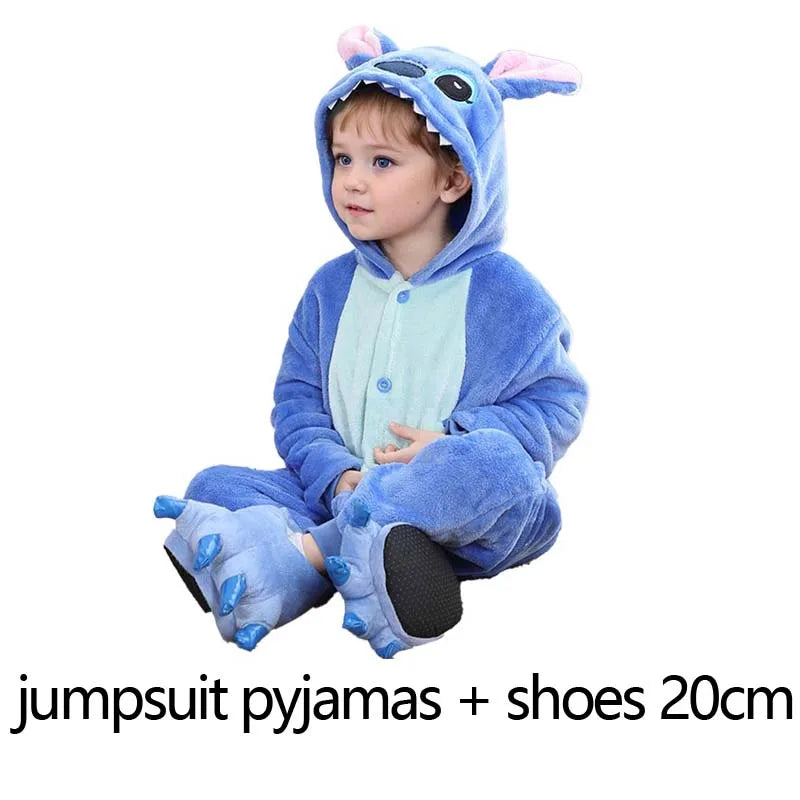 Stitch Jumpsuit Pajamas Set Kids Cartoon Cute Flannel Hooded Sleepwear Shoes Winter Warm Costume Boy Girl Pyjamas Christmas Gift
