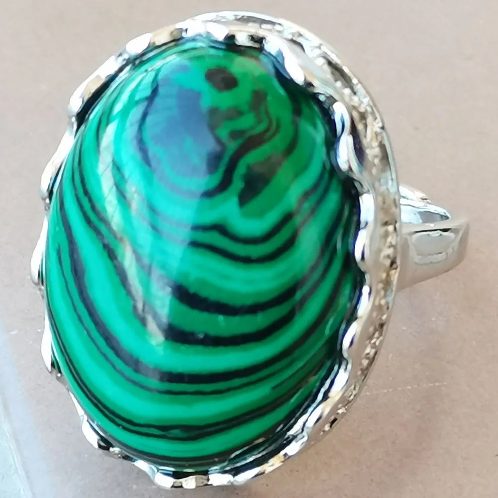 Malachite Oval Women Men Art  bead Ring  PWB987