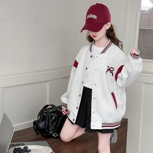 Kids Casual Spring Autumn Clothing Baseball Jacket with Bows for Girls Sports Baseball Shirt Coat Child Sporty Outerwear Tops