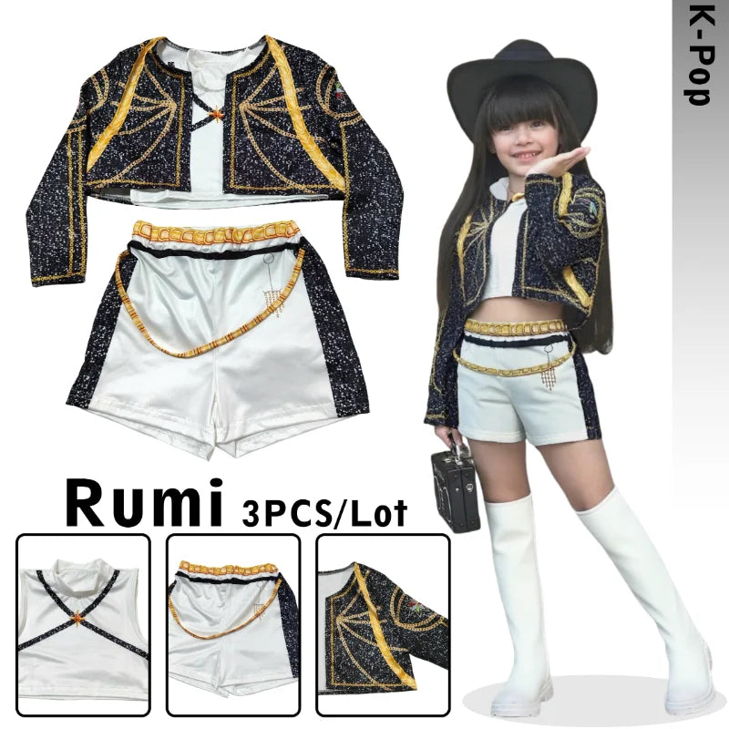 Rumi Demon Hunters Black White Cosplay Costume Halloween Stage Girl K-Pop Group Idol Vest Coat Shorts 3-piece Uniform Outfit
