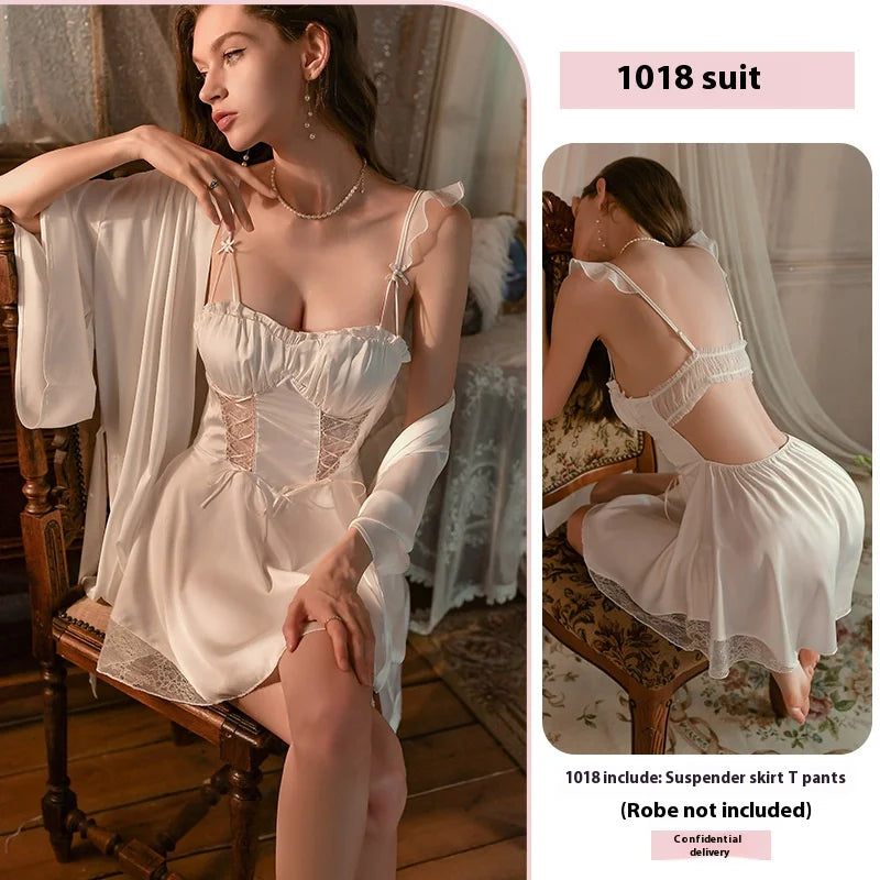 New Ladies Sexy Nightgown Nightgown Female Satin Lace Temptation Erotic Lingerie with Corset Pads Lace-Up Slimming Pajamas Set