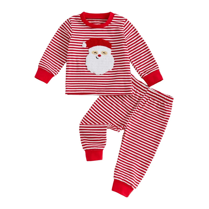 Baby Girl Boy Christmas 2pcs Outfit Striped Santa Embroidered Sweatshirt  Pants Set Toddler Clothes