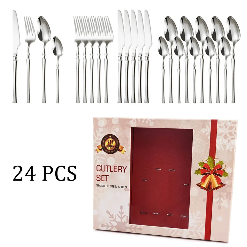 Christmas 24Pcs Gold Dinnerware Stainless Steel Cutlery Set Dinner Flatware Knife Fork Spoon Luxury Kitchen Tableware Gift Box