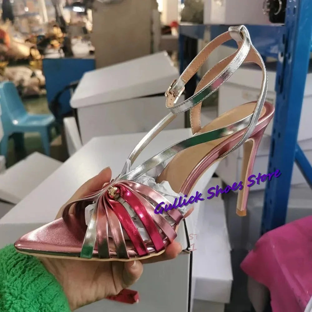 Sweetbaby Pink Woven Women Sandals Metallic Pointed Toe Stiletto High Heel Blue Buckle Strap Sandals Dating Dress Party Shoes