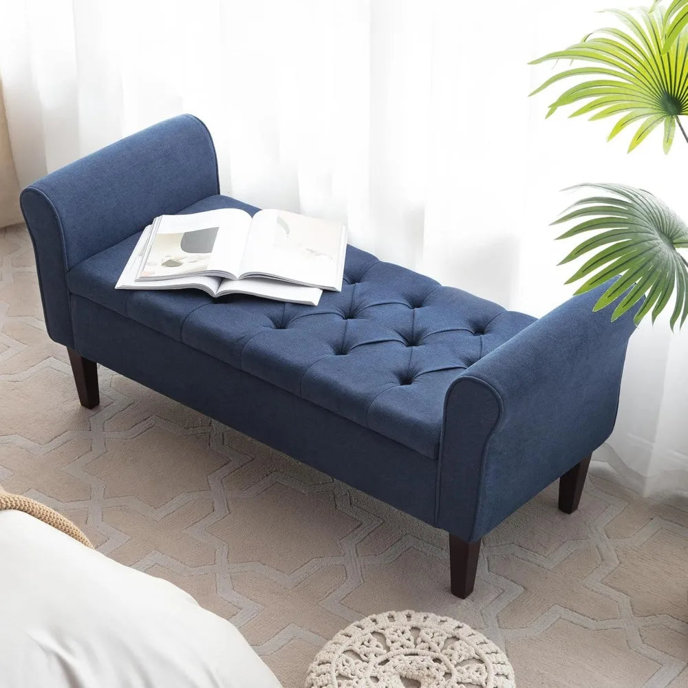 50.4" Arm Storage Bench with 7.5-inch Solid Wood Legs, Button-Tufted Storage Ottoman, Upholstered Window