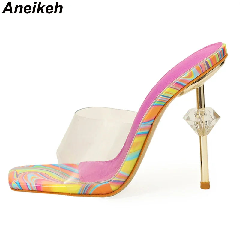 Aneikeh NEW Sexy Strange Transparent Heels Slippers Fashion TOTEM PU Summer Sandals Peep Toe Slip-On Clear Shoes Women Slides