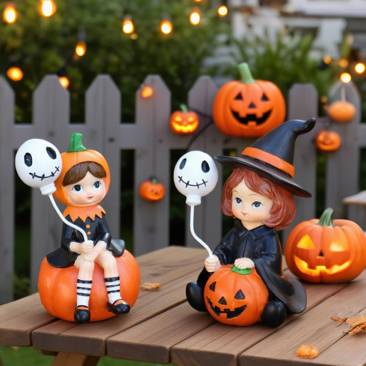 2Pcs Cute Resin Sitting Pumpkin Witch Holding Skeleton Balloon, Halloween Home Desktop Bookcase Halloween Decorations, Outdoor Courtyard Lawn Flower Pot Holiday Atmosphere Decoration