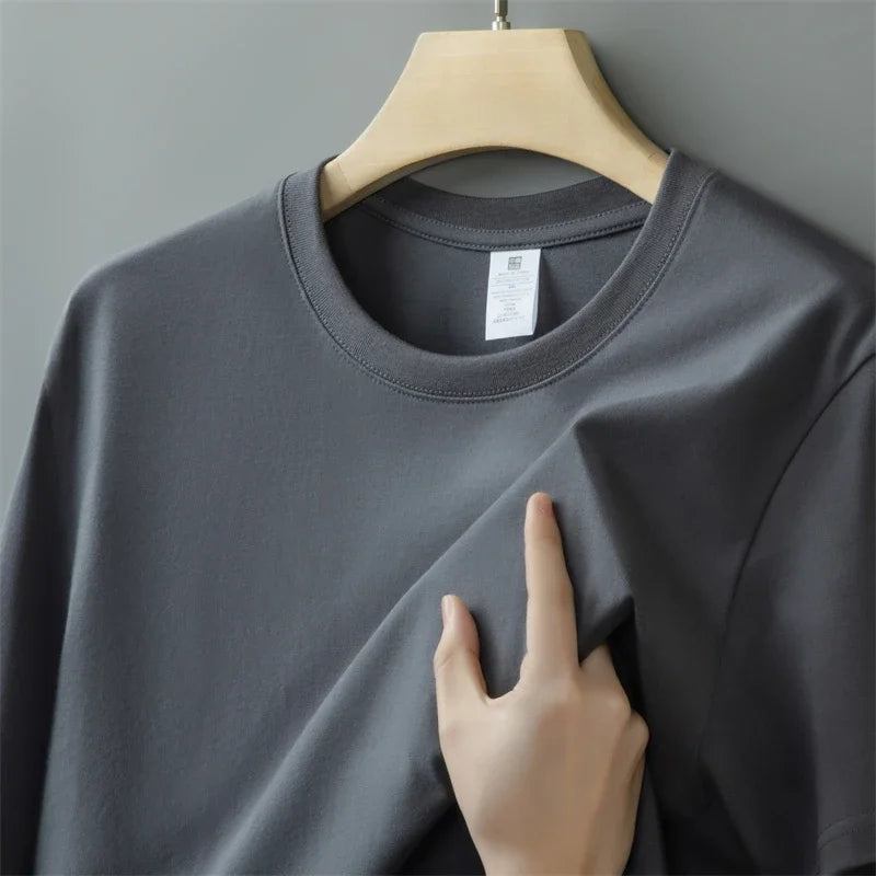230g Men's Oversized Thick Round Neck T-shirt Summer Short Sleeved T-shirt Pure Cotton Solid Color Top Casual Versatile T-shirt