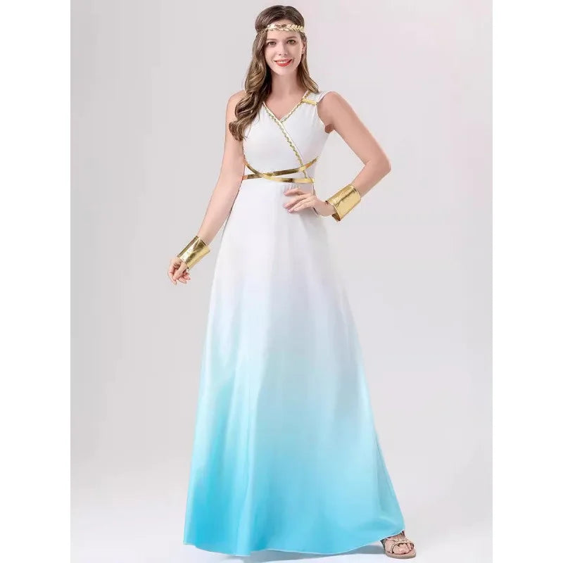 Costumes accessories Halloween costume blue and white gradient dress Greek goddess dress cosplay dance party performance costume