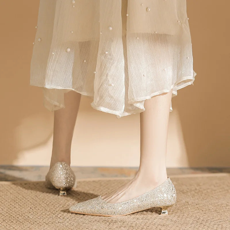 Size 34-41 Red Low Heels Women's Stiletto Heel Wedding Shoes Women Pointed Toe Fashion Sexy Elegant Bride Pumps Gold