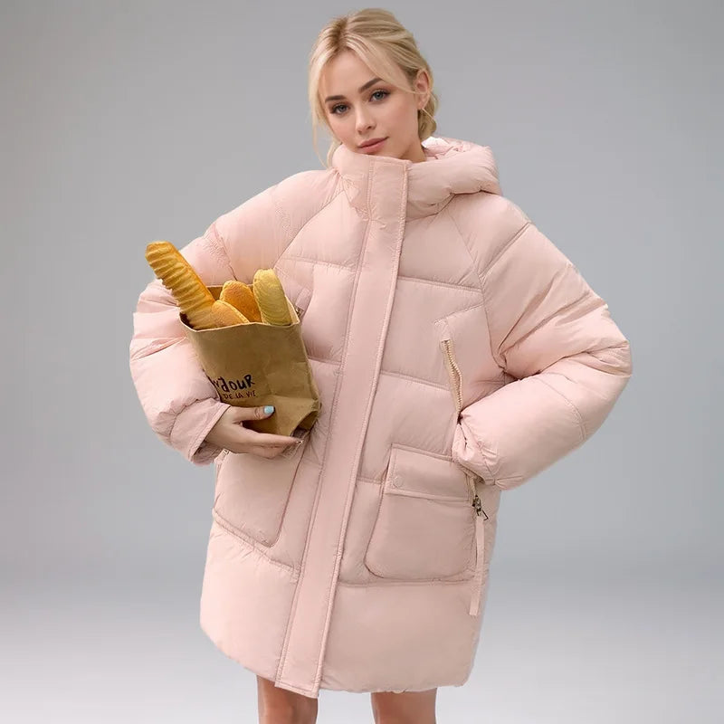 Patchwork Female's Winter Parka Jacket Pure Color Multi Pockets Zipper Fly Padded Coat For Lady Versatile Hooded Women's Jacket