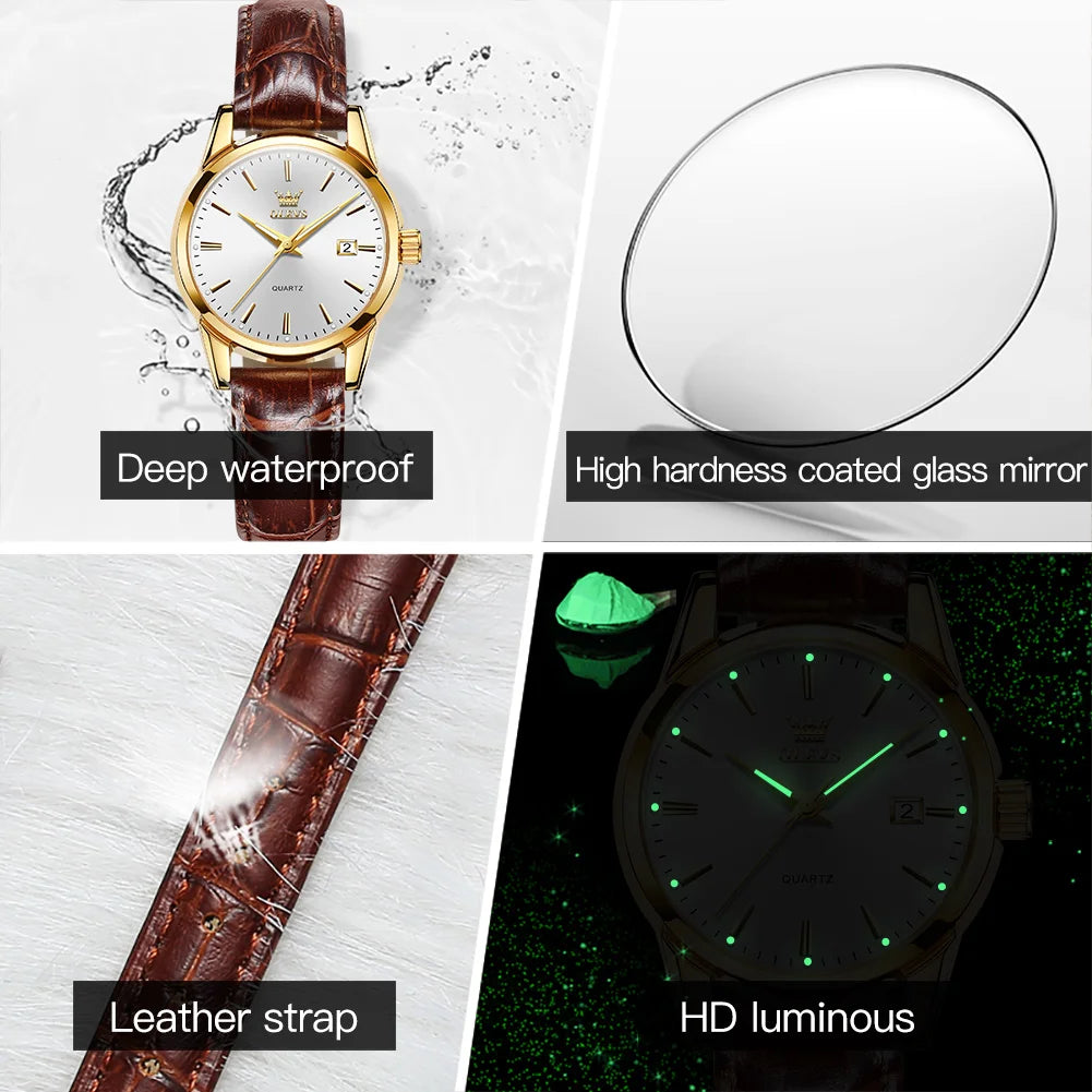 OLEVS Watch 6898 Women Watches Original Elegant Quartz Watch Waterproof Luminous Leather Strap Date Ladies Set Bracelet Watch