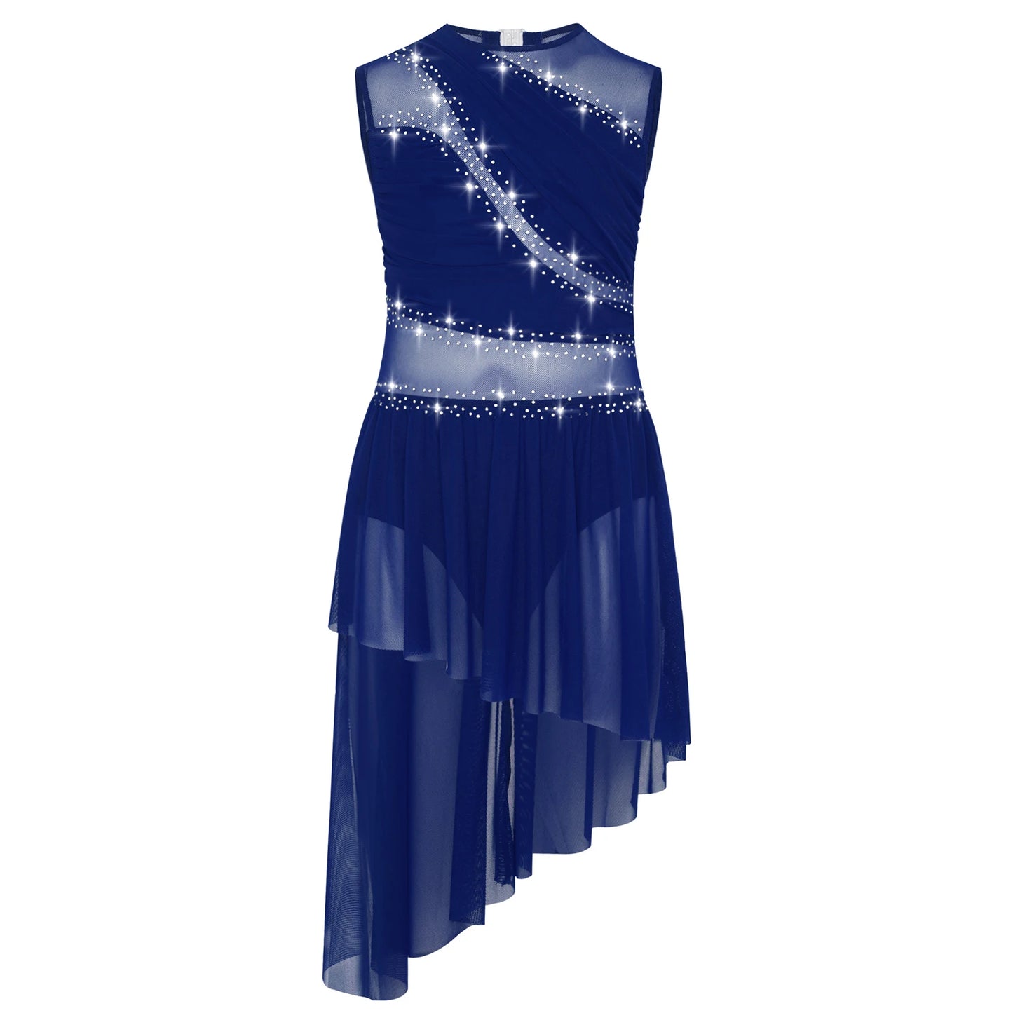 Kids Girls Ballet Dance Dress Figure Ice Skating Dancewear Open Back Asymmetrical Hem Rhinestone Sheer Gymnastics Leotard Dress