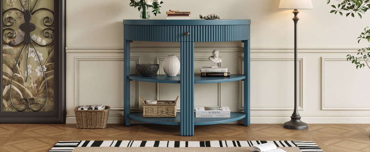 Fluted Half Moon Console Table with Drawer and 2 Shelves for Entryway,
