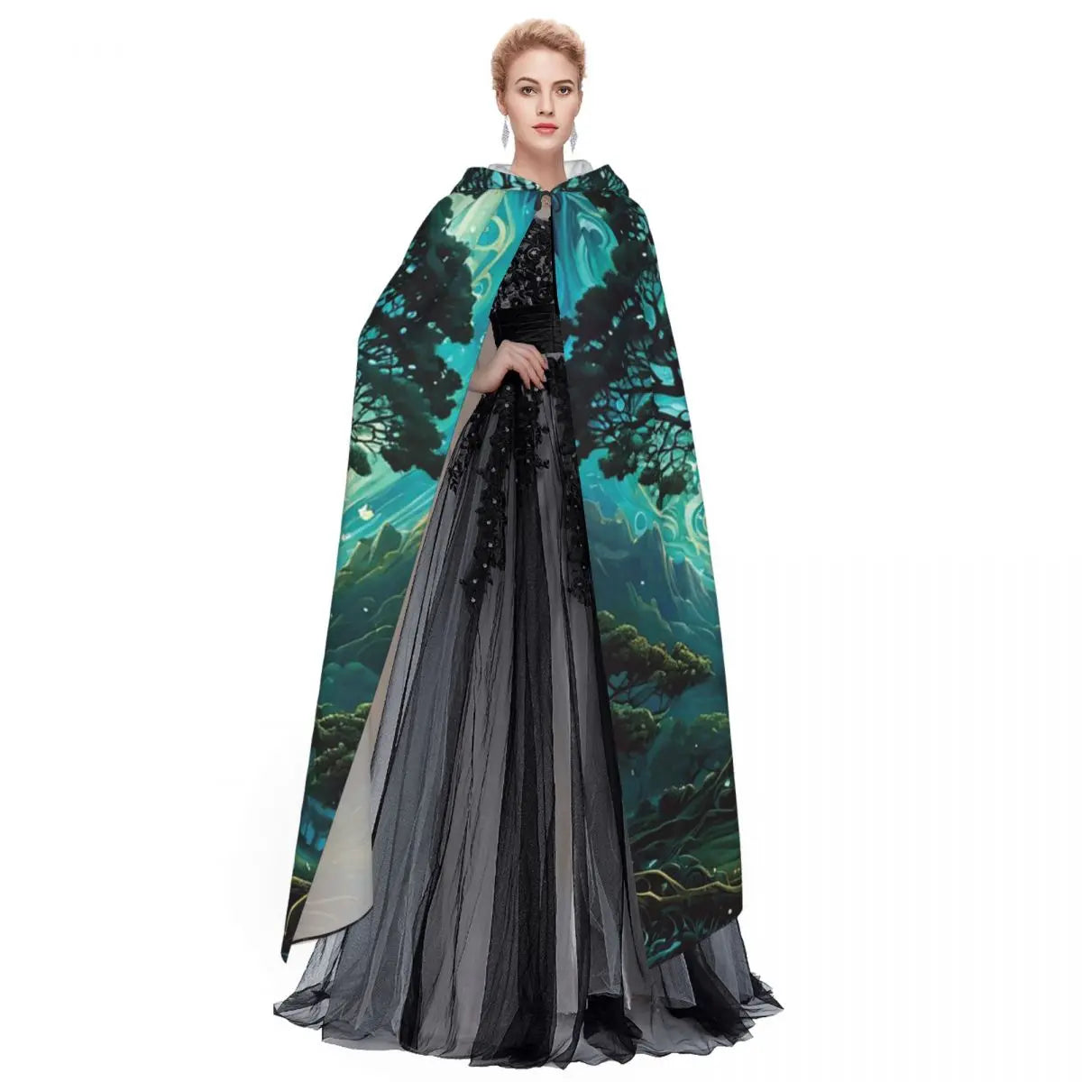 Magic Green Tree Long Hooded Cloak Witch Medieval Costume Cosplay Cape HalloweenVampire Adult Unisex