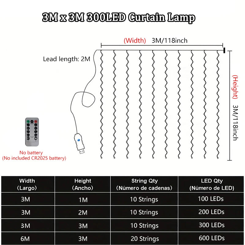 USB Plug-in Curtain LED Light String 8 Modes Holiday Christmas New Year Party Lights Home Wedding Birthday Room Decor Aesthetic