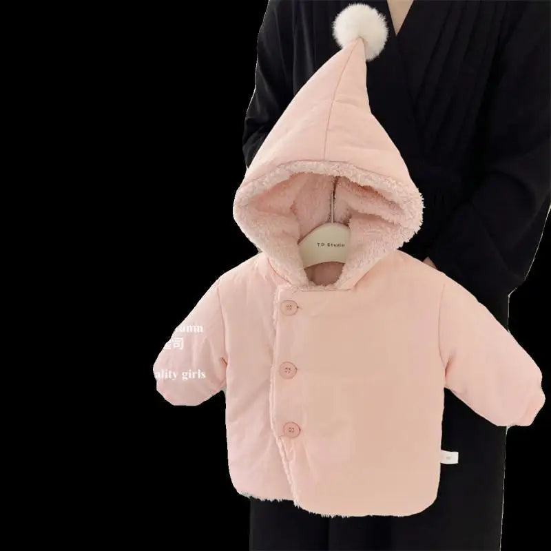 Girls Coat 2025 Autumn and Winter New Childrens Clothing Korean Girl Baby Plus Velvet and Thick Warm Pure Color Cotton Clothes