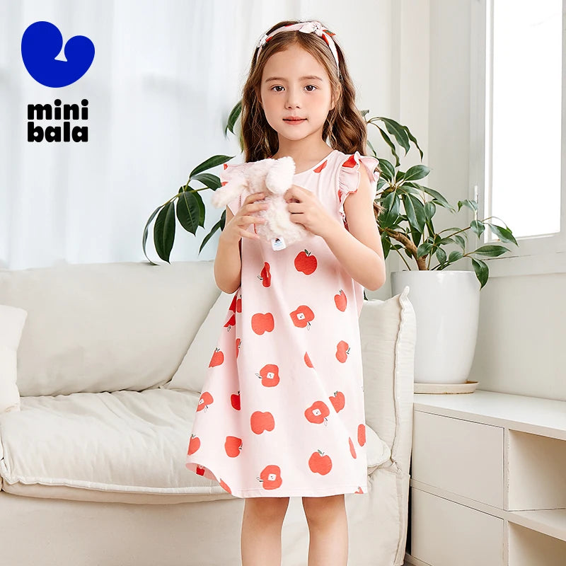 Mini Bala Summer New Kids Sweat-Absorbing Comfortable Nightgown Breathable Pure Cotton Girls Home Dress
