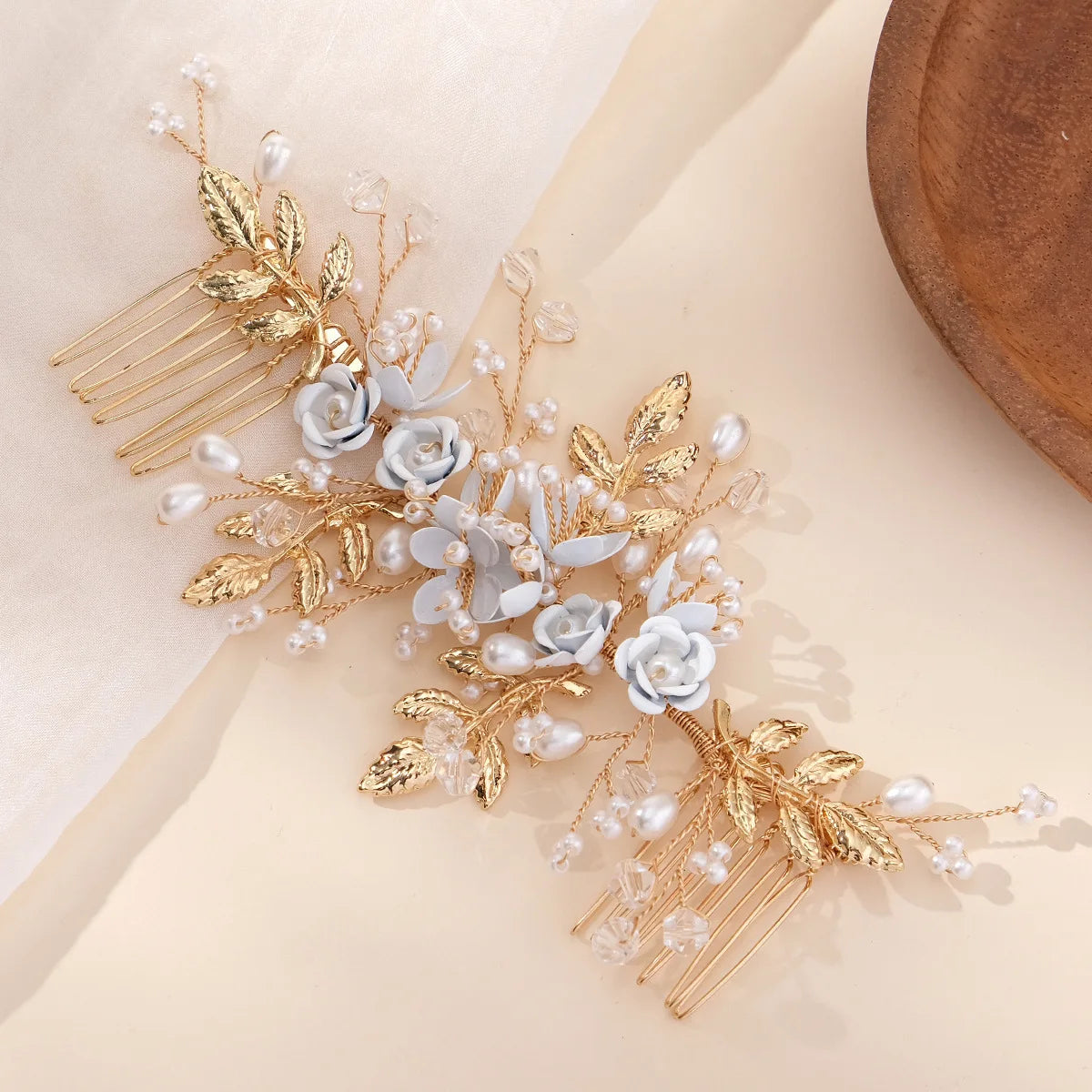 Bride Double Hair Comb Blue Flower Pearl Hairpin European And American Wedding Hair Accessories Fashion Marriage Headwear Gifts