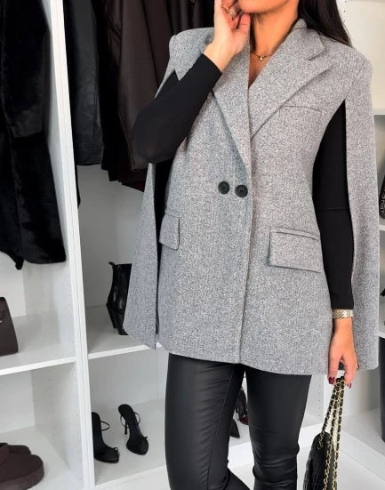 Formal Red Cape Blazer Coat for Women One Piece Female Spring Cotton Work Wear Shawl Jacket for Women Long Sleeves Outfit