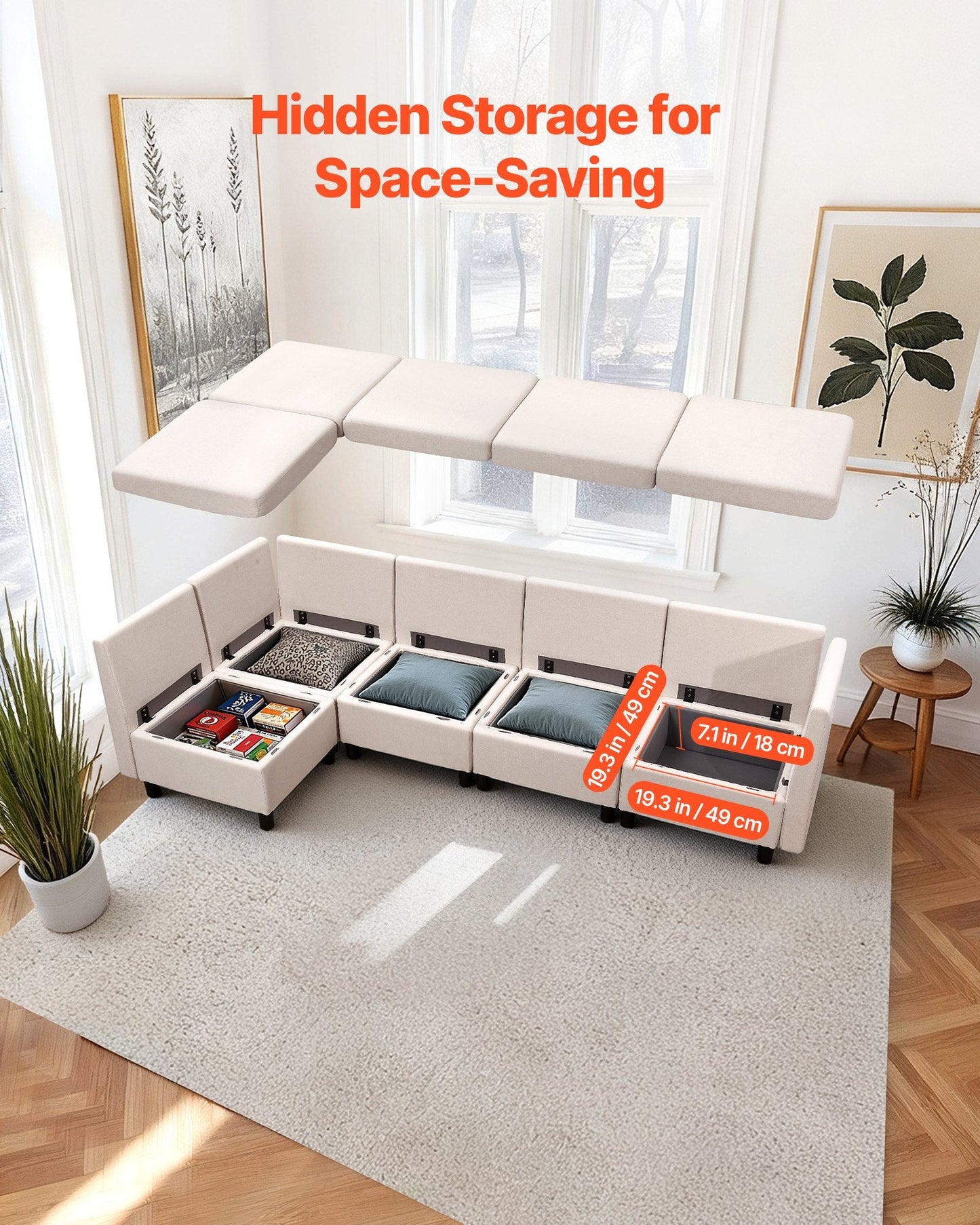 Modular Sectional Sofa, Modern 5-Seater Modular Sofa With Hidden