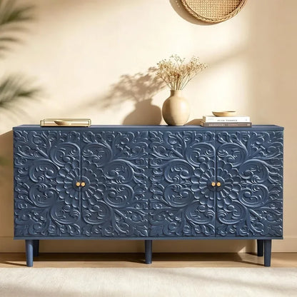 59 Buffet Cabinet with Storage for Dining Room, Midnight Blue Floral Embossed Metal Sideboard with Rust-Resistant Finish