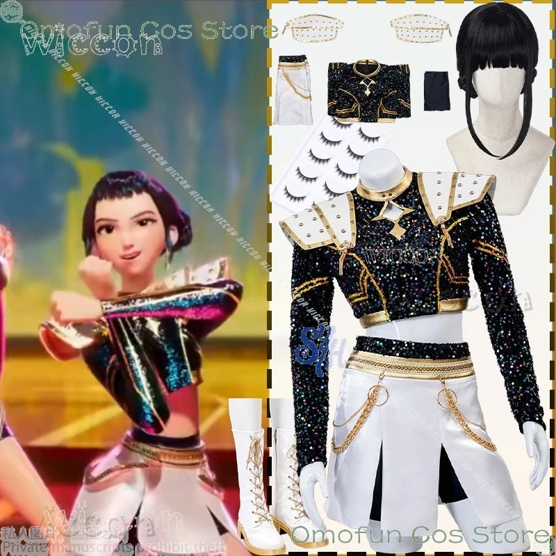 Huntrix Zoey Kpop Demon Cosplay Anime For GOLDEN Stage Uniform Black Coat White Mini Dress Kawaii Jirai Kei Girls Korea Idol Cos