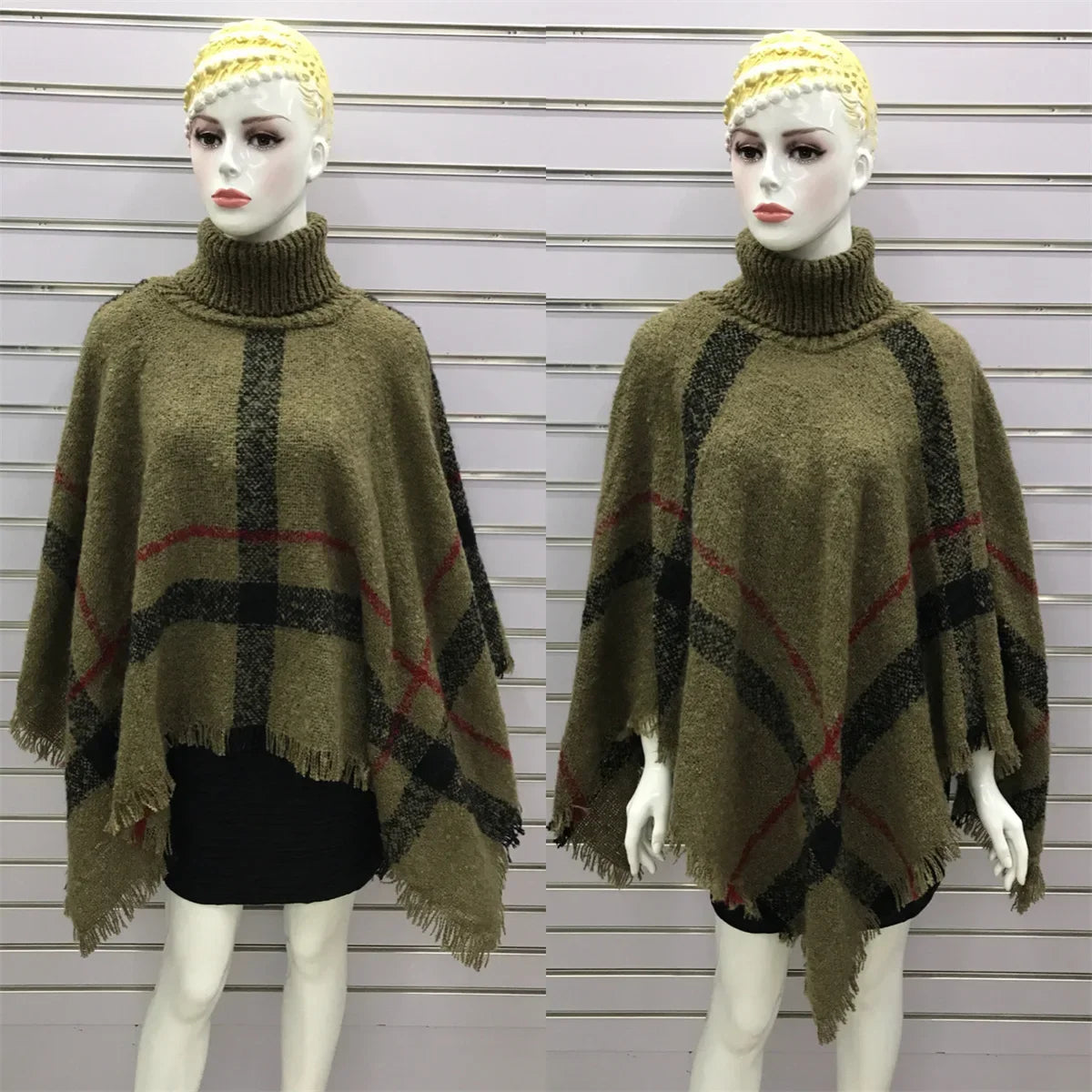 New Women Autumn Winter Striped Knitted Poncho Shawl Sweater Overcoat Streetwear Thick Warm High Neck Loose Knitwear Long Coat