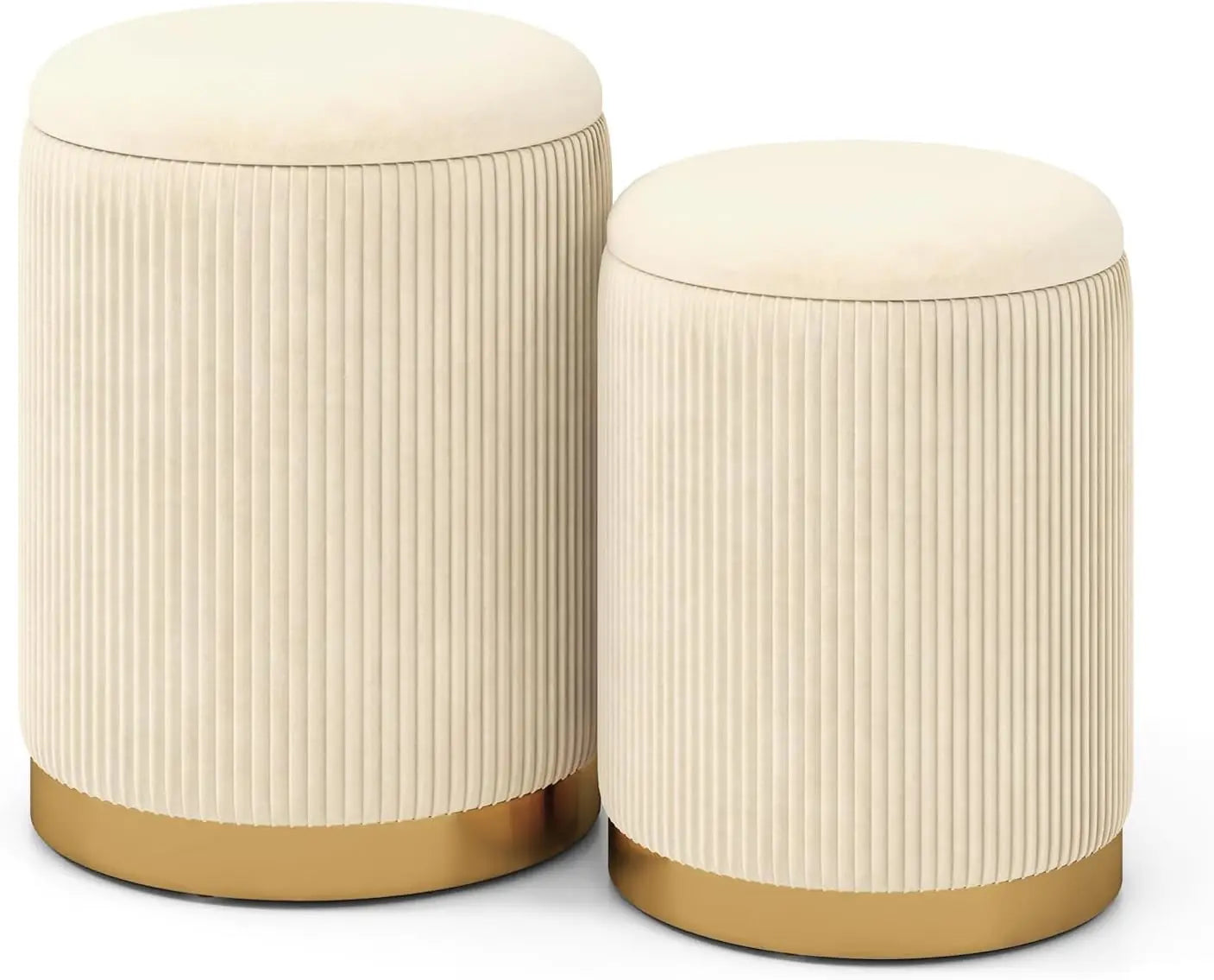 Storage Ottoman Set of 2, Modern Round Ottoman with Storage, Upholstered Linen Fabric Footrest with Sliver Hoop, Vanity