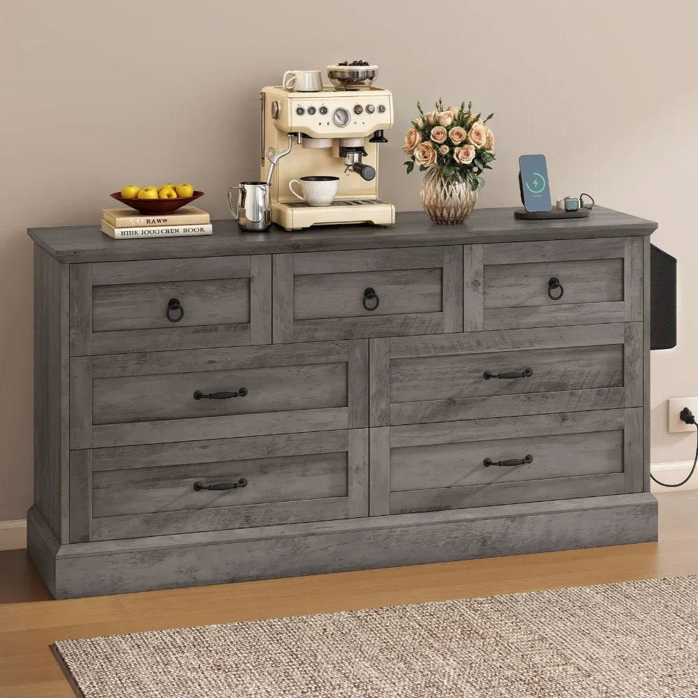 59 Inch Grey Wide Wood 7 Drawers Dresser Storage Dressers Organizer for Living