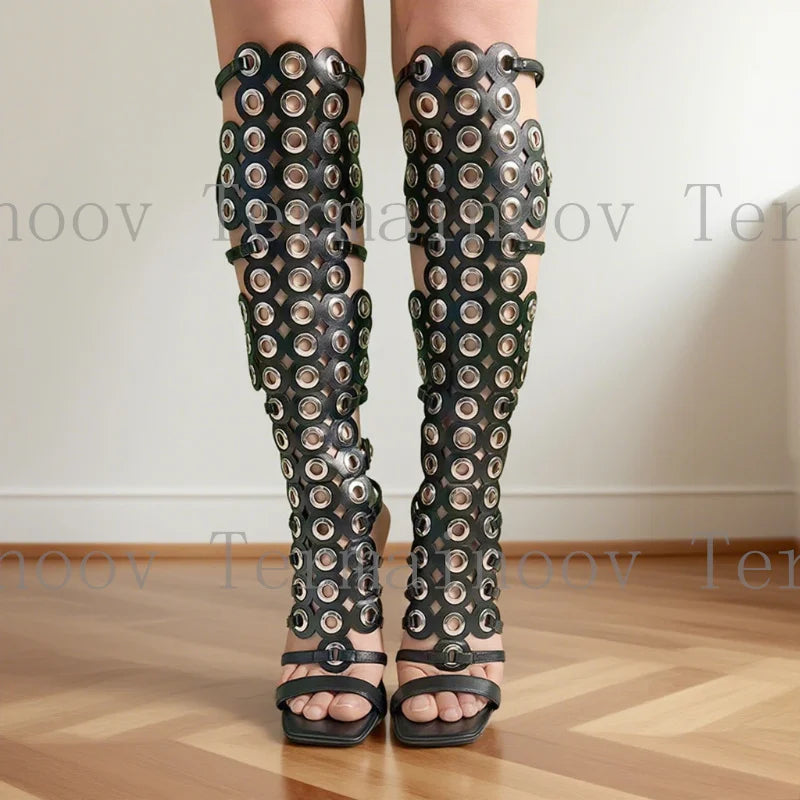 Sexy Women Knee High Sandals Stiletto Heel Cross Straps Round Buckle Decor Zipper Gladiator Heels Dress Party Shoes Hot