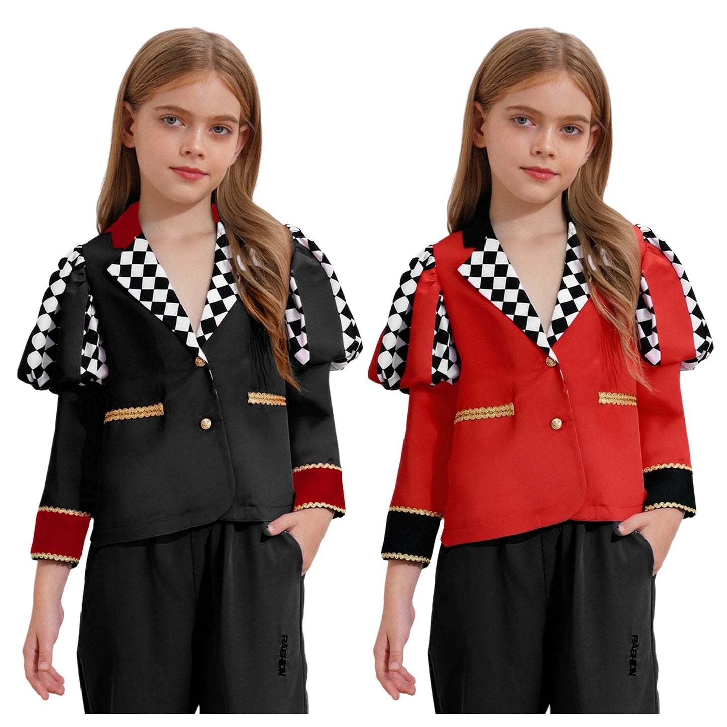 Kids Girls Queen Circus Cosplay Costumes Gold Webbing Puff Sleeve Front Buttons Halloween Carnival Themed Party Coat Outwear