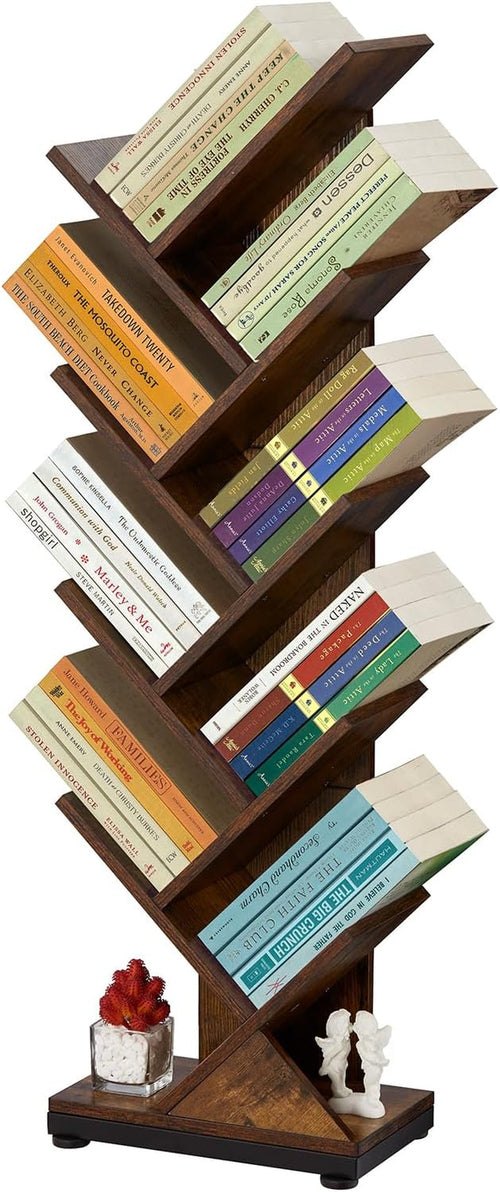 8 Tier Tree Bookshelf Floor Standing Bookcase For Books CDs Rustic