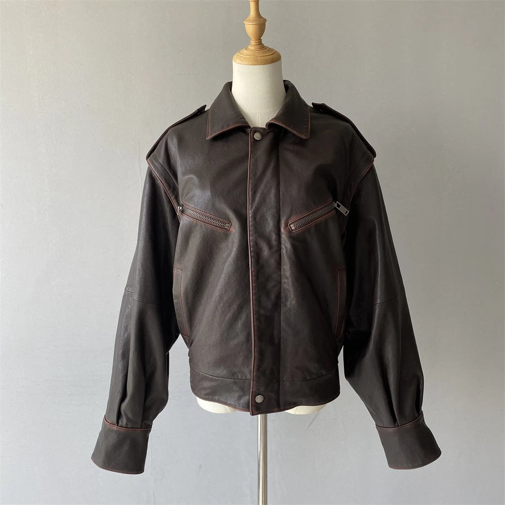 Jaxmonoy Women Sheepskin Jacket Lady Spring Fall Genuine Leather Coat Fashion Removable Sleeves Real Leather Jackets New Arrival