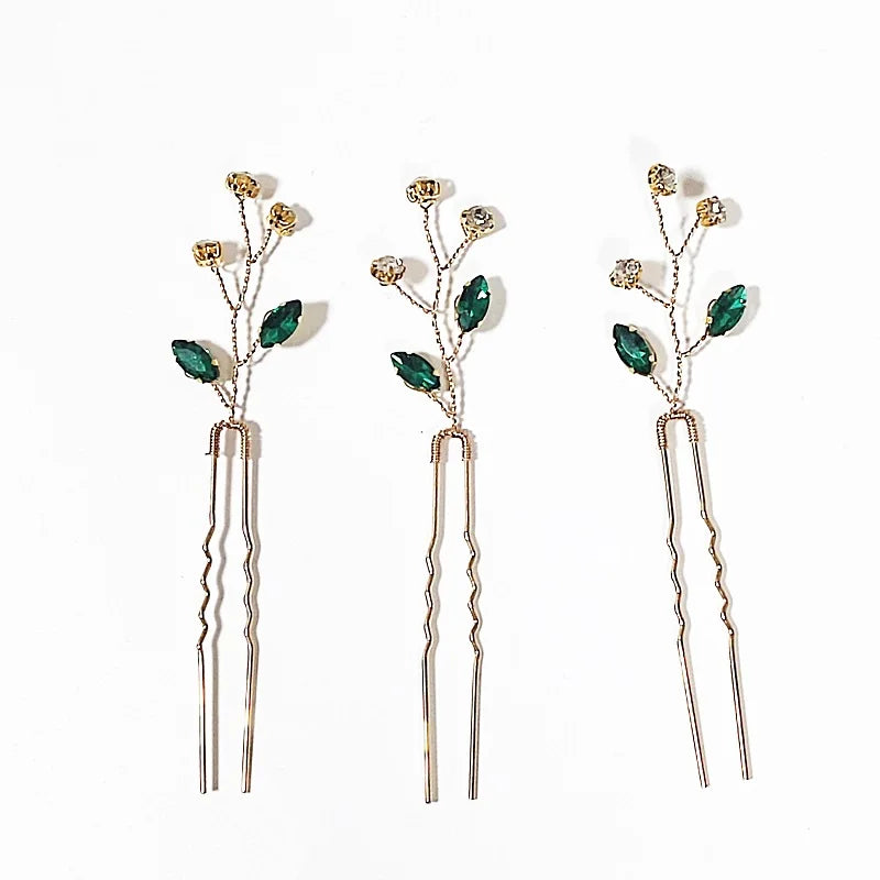 Green Color Rhinestone Hair Combs Bridal Hair Jewelry Leaf Hairpins Pearls Hairpins Bride Wedding Headdress Headband