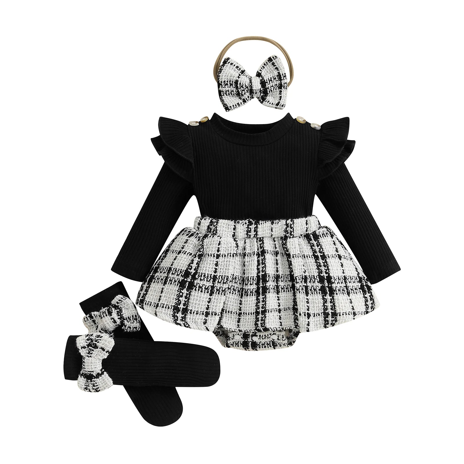 SUNSIOM 0-18 Months Baby Girl Rompers Outfits Long Sleeve Plaid Print Skirt Bodysuit with Headband Socks Set Infant Fall Clothes