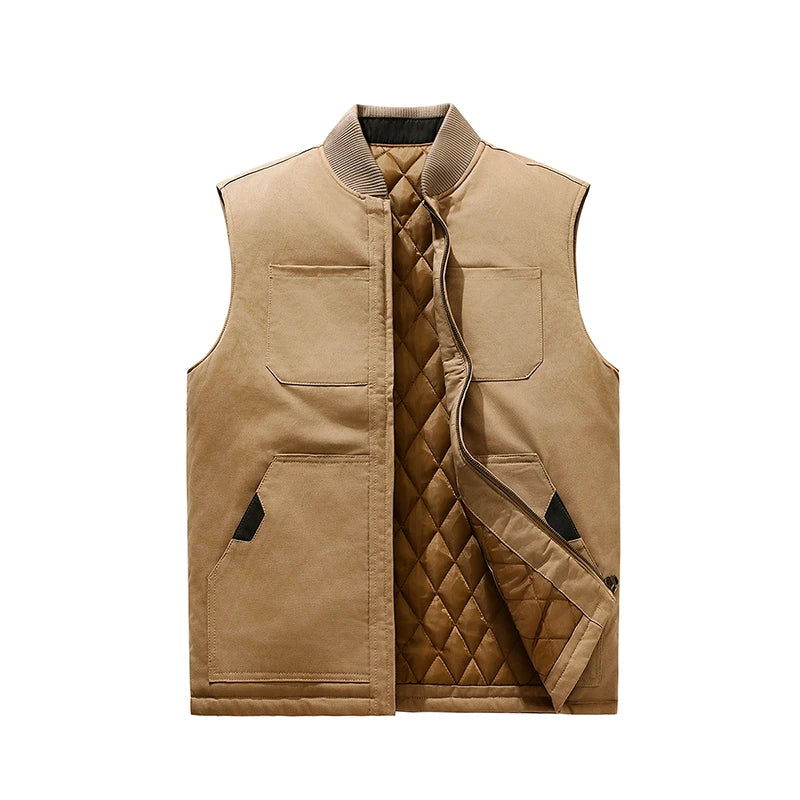 Autumn Winter Thickened Down Cotton Vest Men's Loose Fit Warmth Sleeveless Jacket New Stand Collar Jacket Outdoor Workwear Vest