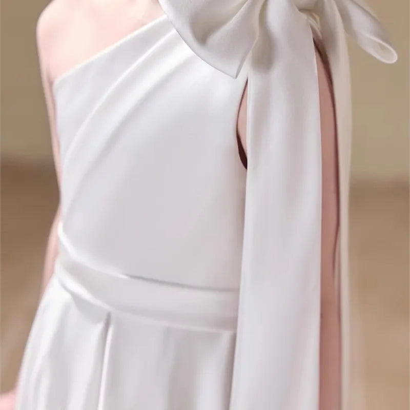 Fashion Baby Girl Princess Bow Satin One Shoulder Long Dress Child Elegant Vestido Wedding Party Birthday Baby Clothes 1-14Y