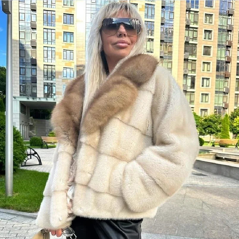 Mink Fur Jacket for Ladies, Real Mink Fur Coat, Purple Mink Fur Lapel, Warm Winter Fashion, Casual, New