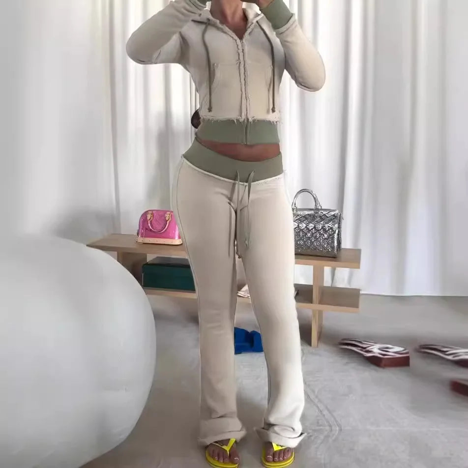 Women's Casual Suit with Brushed and Contrasting Straps Design, Hooded Long Sleeved Cardigan, Slightly Flared Long Pants