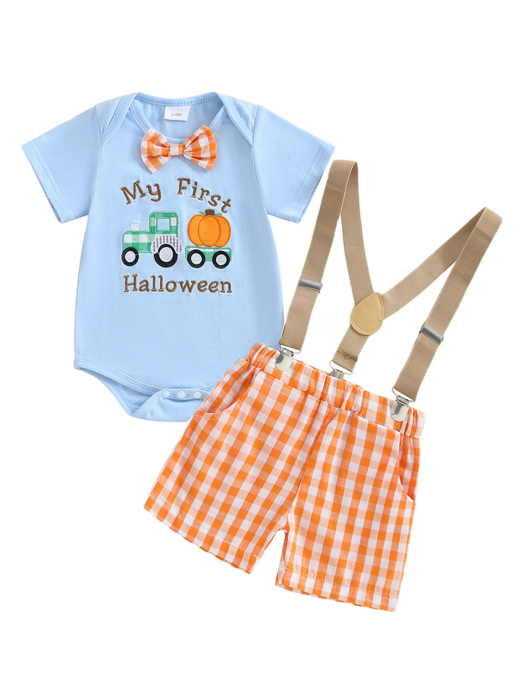 Cute Toddler Halloween Costume Pumpkin Patchwork Long Sleeve Romper with Checkered Suspenders Pants 2 Piece Set for Boys