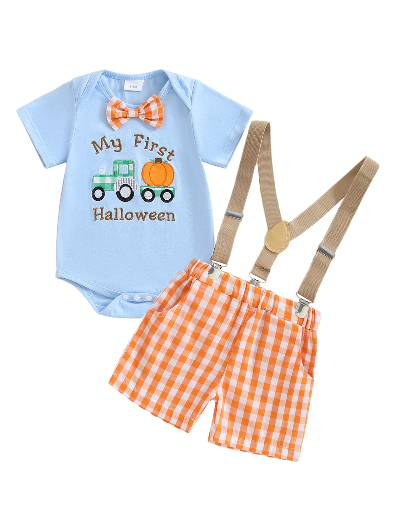 Cute Toddler Halloween Costume Pumpkin Patchwork Long Sleeve Romper with Checkered Suspenders Pants 2 Piece Set for Boys