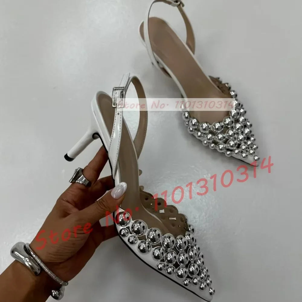 Sexy Pointed Toe Sandals With Metal Ball Spikes Women Bling Slingback Stiletto Sandals Ladies Summer Studded Buckle Straps Shoes